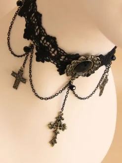 Gothique Lolita Choker Croix Chaîne Dentelle Noir Lolita Collier Déguisements Halloween