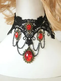Gothique Lolita Choker Détail en métal Jewel Lace Lolita noir collier Déguisements Halloween