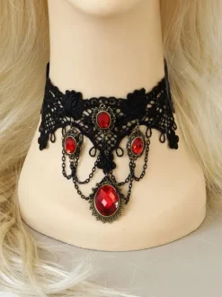 Gothique Lolita Choker Détail en métal Jewel Lace Lolita noir collier Déguisements Halloween