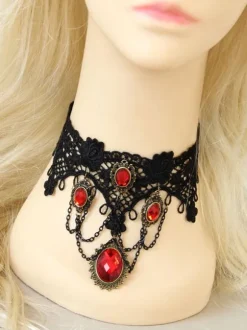 Gothique Lolita Choker Détail en métal Jewel Lace Lolita noir collier Déguisements Halloween