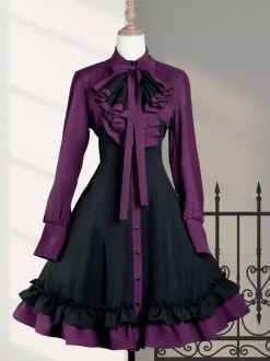 Gothique Lolita OP Robe Noir Rouge à Volant Manche Longue Robe Classique Vintage Déguisement Halloween