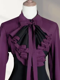 Gothique Lolita OP Robe Noir Rouge à Volant Manche Longue Robe Classique Vintage Déguisement Halloween