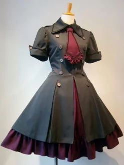 Gothique Lolita Robe OP Style Militaire Volant Noeud Papillon Bouton À Lacets Bourgogne Lolita Robe Une Pièce Déguisements Halloween