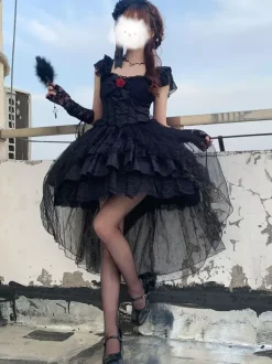 Gothique Lolita Robes Rose Dentelle Noir Corset