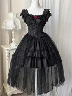 Gothique Lolita Robes Rose Dentelle Noir Corset