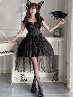 Gothique Lolita Robes Rose Dentelle Noir Corset