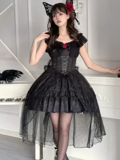 Gothique Lolita Robes Rose Dentelle Noir Corset
