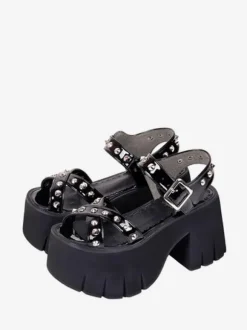 Gothique Lolita Sandales Rivets Bout Rond Brevet PU Noir Lolita Chaussures Compensées D'été