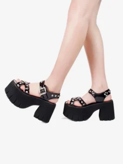 Gothique Lolita Sandales Rivets Bout Rond Brevet PU Noir Lolita Chaussures Compensées D'été