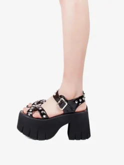 Gothique Lolita Sandales Rivets Bout Rond Brevet PU Noir Lolita Chaussures Compensées D'été