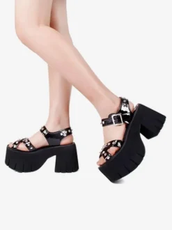 Gothique Lolita Sandales Rivets Bout Rond Brevet PU Noir Lolita Chaussures Compensées D'été