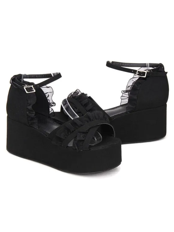 Gothique Lolita Sandales Ruffle Ankle Strap Platform Talon compensé Noir Lolita Chaussures Déguisements Halloween