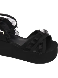 Gothique Lolita Sandales Ruffle Ankle Strap Platform Talon compensé Noir Lolita Chaussures Déguisements Halloween