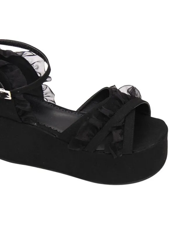 Gothique Lolita Sandales Ruffle Ankle Strap Platform Talon compensé Noir Lolita Chaussures Déguisements Halloween