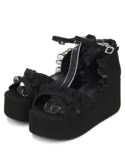 Gothique Lolita Sandales Ruffle Ankle Strap Platform Talon compensé Noir Lolita Chaussures Déguisements Halloween