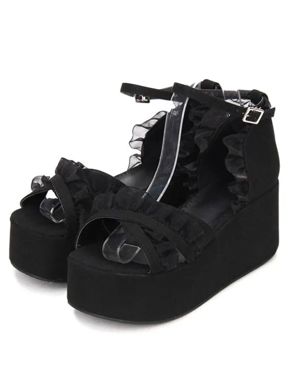 Gothique Lolita Sandales Ruffle Ankle Strap Platform Talon compensé Noir Lolita Chaussures Déguisements Halloween