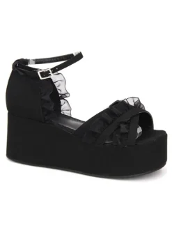 Gothique Lolita Sandales Ruffle Ankle Strap Platform Talon compensé Noir Lolita Chaussures Déguisements Halloween