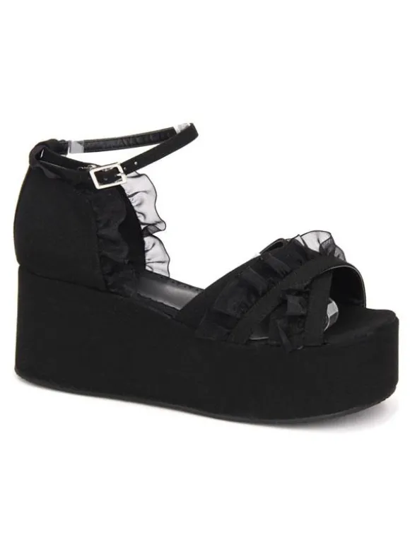 Gothique Lolita Sandales Ruffle Ankle Strap Platform Talon compensé Noir Lolita Chaussures Déguisements Halloween