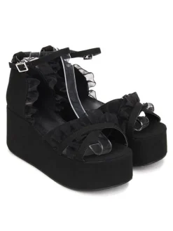 Gothique Lolita Sandales Ruffle Ankle Strap Platform Talon compensé Noir Lolita Chaussures Déguisements Halloween