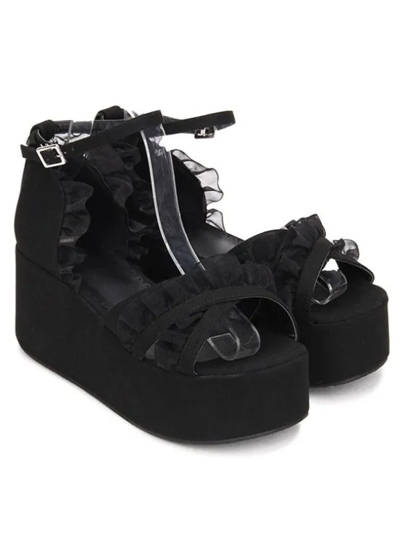 Gothique Lolita Sandales Ruffle Ankle Strap Platform Talon compensé Noir Lolita Chaussures Déguisements Halloween