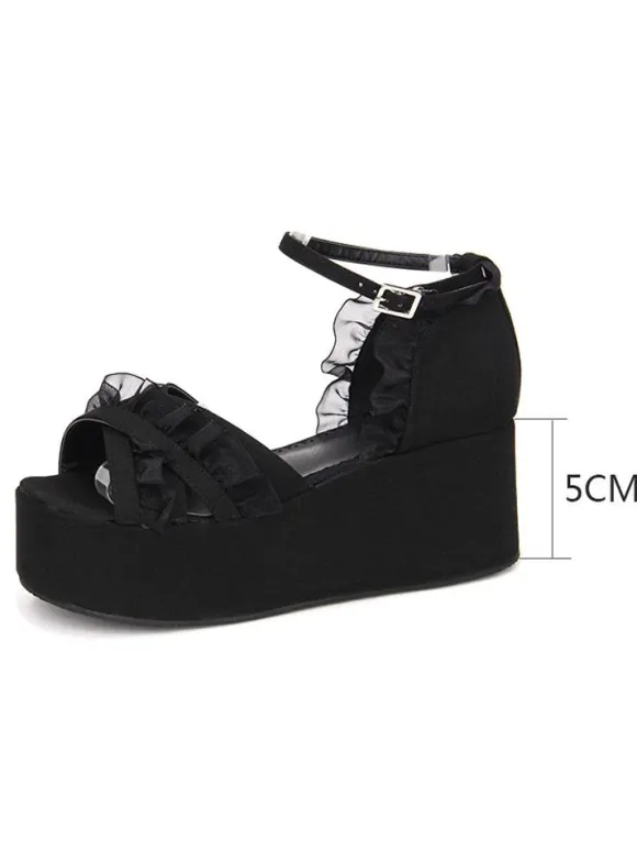 Gothique Lolita Sandales Ruffle Ankle Strap Platform Talon compensé Noir Lolita Chaussures Déguisements Halloween