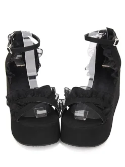 Gothique Lolita Sandales Ruffle Ankle Strap Platform Talon compensé Noir Lolita Chaussures Déguisements Halloween