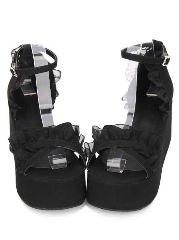 Gothique Lolita Sandales Ruffle Ankle Strap Platform Talon compensé Noir Lolita Chaussures Déguisements Halloween