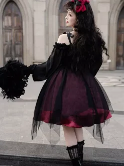 Gothique Lolita OP Robe Noir Bourgogne Vols Manches Longues Épaule Nu Lolita Une Pièce Robe