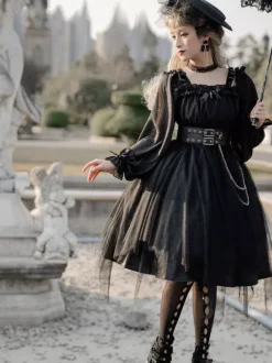 Gothique Lolita OP Robe Noir Bourgogne Vols Manches Longues Épaule Nu Lolita Une Pièce Robe