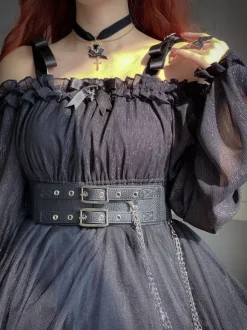 Gothique Lolita OP Robe Noir Bourgogne Vols Manches Longues Épaule Nu Lolita Une Pièce Robe