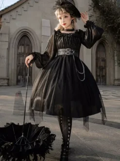 Gothique Lolita OP Robe Noir Bourgogne Vols Manches Longues Épaule Nu Lolita Une Pièce Robe
