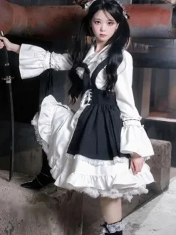 Gothique Lolita Robes Fleurs Volants Noir Noir
