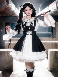 Gothique Lolita Robes Fleurs Volants Noir Noir