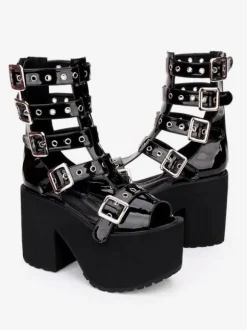 Gothique Lolita Sandal Bottes Oeillet Métallique Boucle Plate-forme Noir Lolita Chaussures Déguisements Halloween