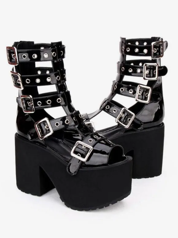 Gothique Lolita Sandal Bottes Oeillet Métallique Boucle Plate-forme Noir Lolita Chaussures Déguisements Halloween