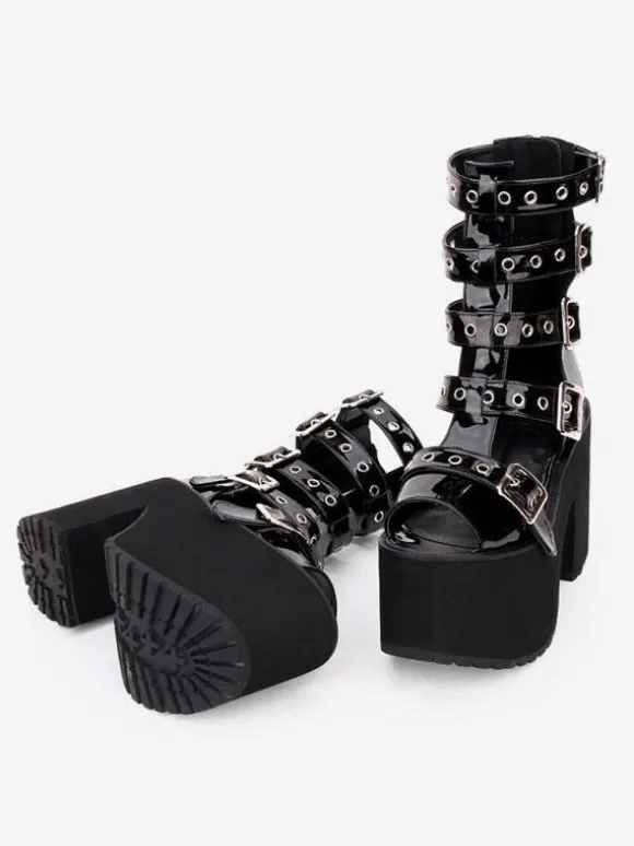 Gothique Lolita Sandal Bottes Oeillet Métallique Boucle Plate-forme Noir Lolita Chaussures Déguisements Halloween