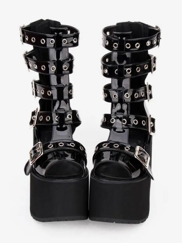 Gothique Lolita Sandal Bottes Oeillet Métallique Boucle Plate-forme Noir Lolita Chaussures Déguisements Halloween