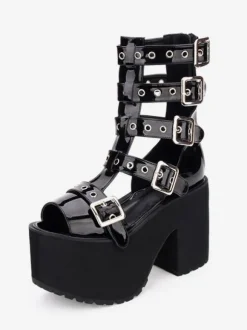 Gothique Lolita Sandal Bottes Oeillet Métallique Boucle Plate-forme Noir Lolita Chaussures Déguisements Halloween