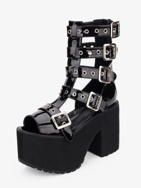 Gothique Lolita Sandal Bottes Oeillet Métallique Boucle Plate-forme Noir Lolita Chaussures Déguisements Halloween