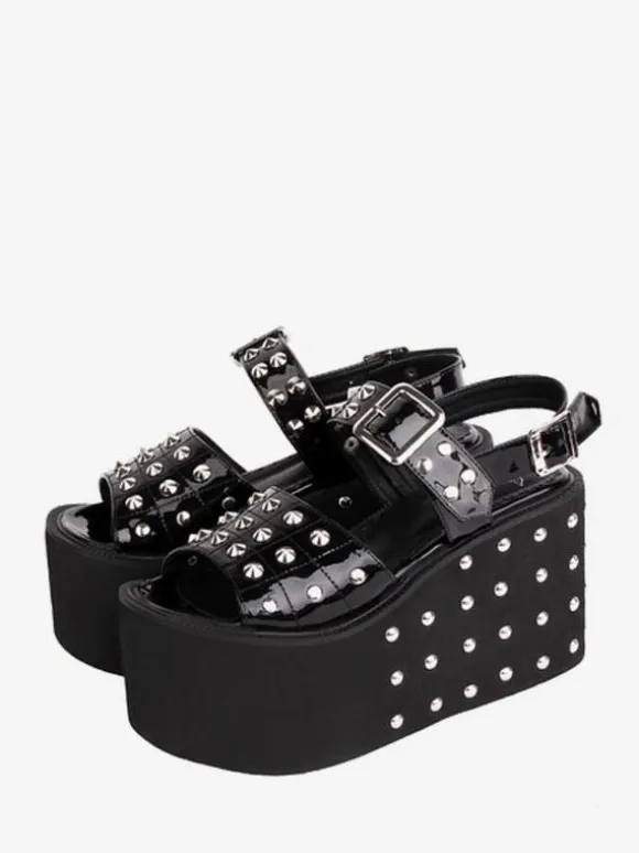 Gothique Lolita Sandales Rivets Bout Rond Brevet PU Supérieure Noir Lolita Chaussures Compensées D'été Steam Punk