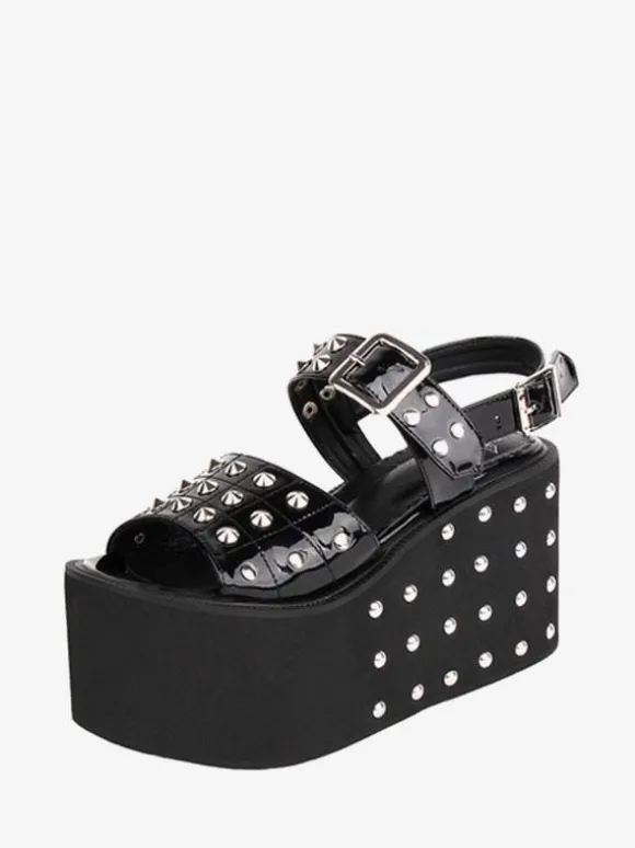 Gothique Lolita Sandales Rivets Bout Rond Brevet PU Supérieure Noir Lolita Chaussures Compensées D'été Steam Punk