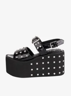 Gothique Lolita Sandales Rivets Bout Rond Brevet PU Supérieure Noir Lolita Chaussures Compensées D'été Steam Punk