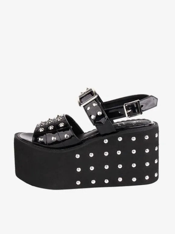 Gothique Lolita Sandales Rivets Bout Rond Brevet PU Supérieure Noir Lolita Chaussures Compensées D'été Steam Punk