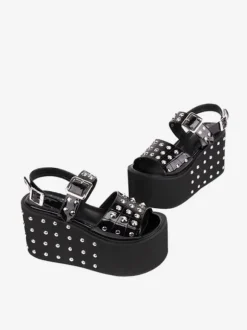 Gothique Lolita Sandales Rivets Bout Rond Brevet PU Supérieure Noir Lolita Chaussures Compensées D'été Steam Punk
