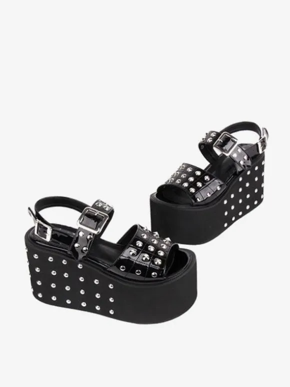 Gothique Lolita Sandales Rivets Bout Rond Brevet PU Supérieure Noir Lolita Chaussures Compensées D'été Steam Punk