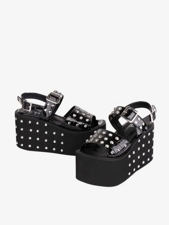 Gothique Lolita Sandales Rivets Bout Rond Brevet PU Supérieure Noir Lolita Chaussures Compensées D'été Steam Punk