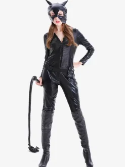 Halloween Combinaison Sexy En Cuir PU Pour Femme Noire Cosplay Chat Déguisement Halloween