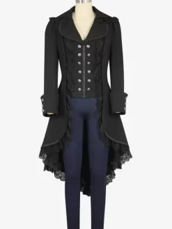 Halloween Costume 2026 Noir Gothique Boutonnage Dentelle Zip Plissé Gothique Rétro Pardessus Femmes Déguisements Halloween
