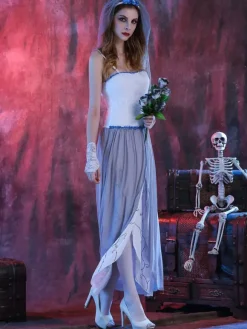 Halloween Costume Blanc Chapellerie Robe Femmes Mariée Set Costumes de Fêtes Déguisements Halloween