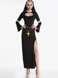 Halloween Costume Robe Noire Cagoule Femmes Nonne Set Mardi Gras Costumes de Fêtes Déguisements Halloween